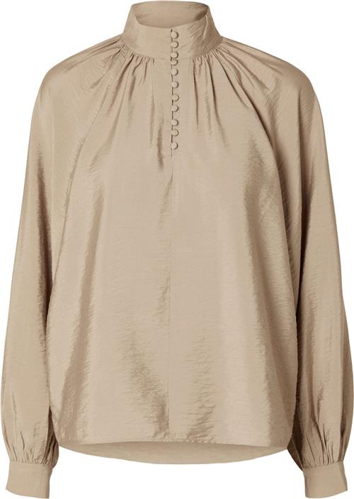 Selected Femme Slfloganaura LS High Neck TOP AT Kvinde Greige Langærmede Bluser Str 44 - hos Magasin