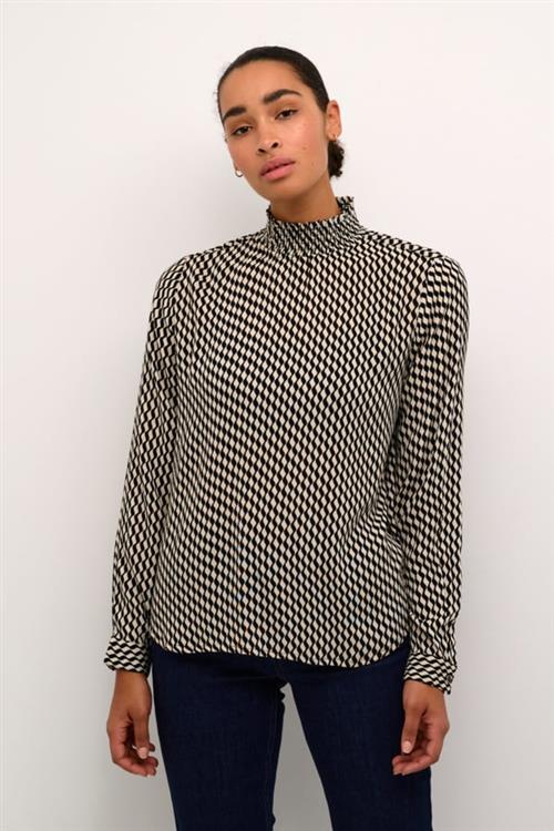 Kaffe Kaamber Smock Blouse Printed Kvinde Black_White Wavy Print Langærmede Bluser Str 46 - hos Magasin