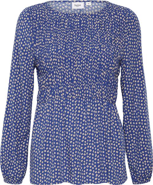 Se Saint Tropez Gislasz LS Blouse Kvinde Surf Blue Flower Shadow Langærmede Bluser Regular Fit Str XL - hos Magasin ved Magasin