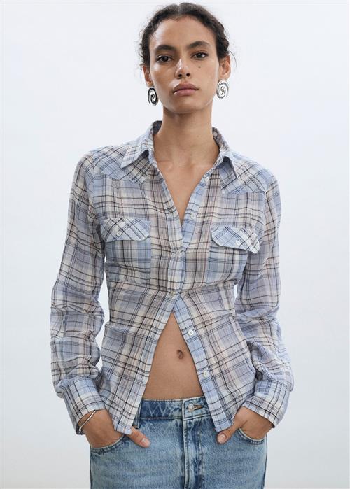 MANGO Check Cotton Shirt Kvinde Medium Blue Langærmede Skjorter Str L - hos Magasin