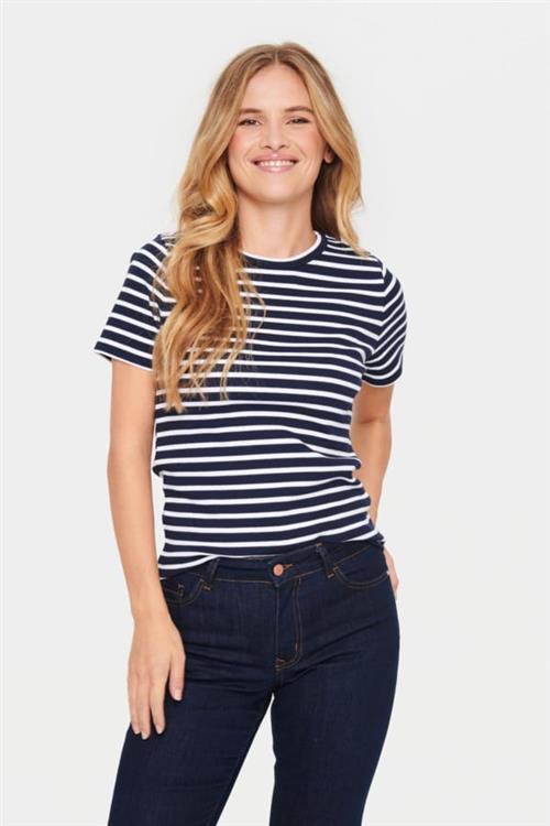 Saint Tropez Astersz SS Stripe Tshirt Kvinde Night Sky Kortærmede T-shirts Regular Fit Str XS - hos Magasin