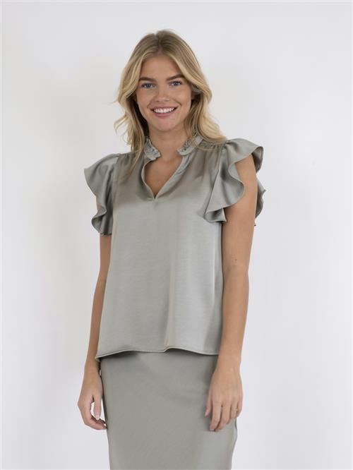 Neo Noir Stella Heavy Sateen Blouse Kvinde Smoke Green Kortærmede Bluser Str 44 - hos Magasin