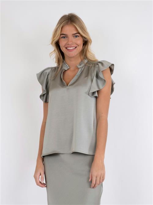 Neo Noir Stella Heavy Sateen Blouse Kvinde Smoke Green Kortærmede Bluser Str 34 - hos Magasin