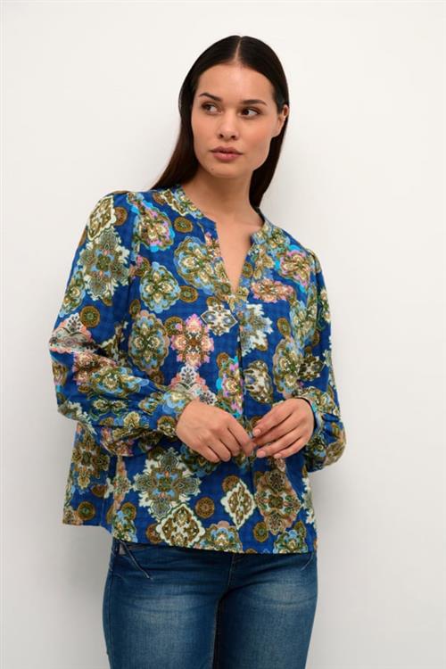 Cream Crjolly Blouse Kvinde Deja Vu Blue Ethnic Tile Langærmede Bluser Str 40 - hos Magasin