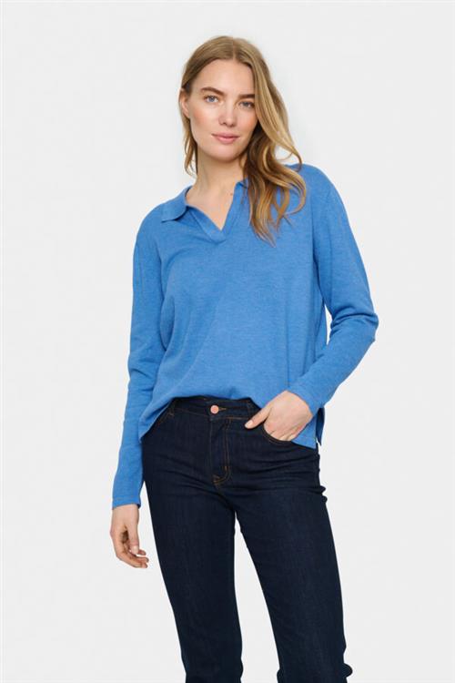 Saint Tropez Milasz Polo Pullover Kvinde Dutch Blue Melange Langærmede Bluser Str XS - hos Magasin