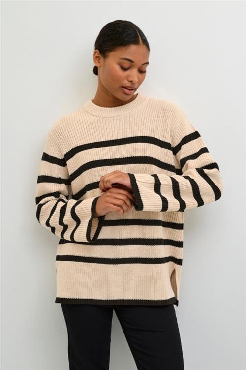 Kaffe Kacilla Knit Pullover Kvinde Sand Dollar / Black Stripe Sweaters Str L - hos Magasin