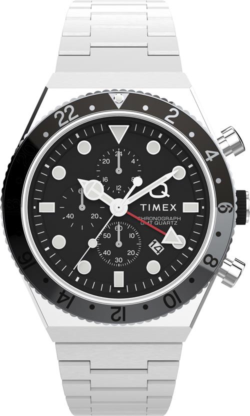 Se Timex Mens Q Chrono 3 Time Zone 40mm SST Case Black Dial Bracelet One size - Ure Stål hos Magasin ved Magasin