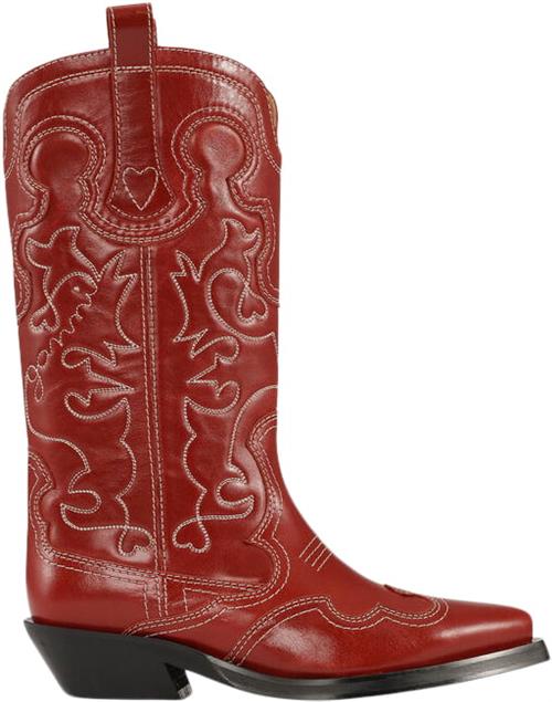 Ganni Mid Shaft Embroidered Western Boot Kvinde Barbados Cherry Cowboy & Biker Str 41 - hos Magasin