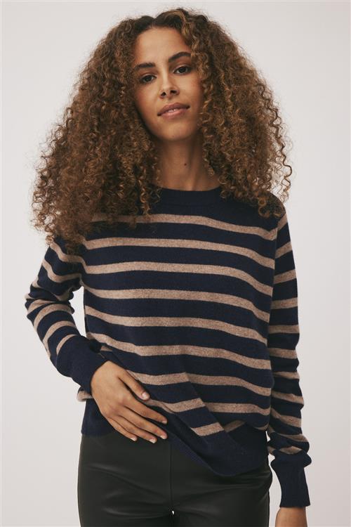 Magasin du Nord Collection Magasin Mabel 2 100 Cashmere Kvinde Sand / Navy Stripe Sweaters Str XS Cashmere