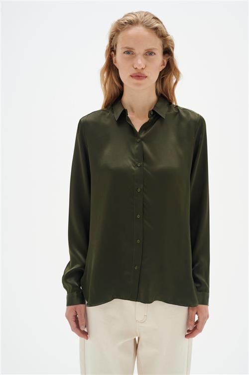 InWear Leonore Shirt Premium 100 Silk Kvinde Olive Leaf Langærmede Skjorter Relaxed Fit Str 40 - hos Magasin