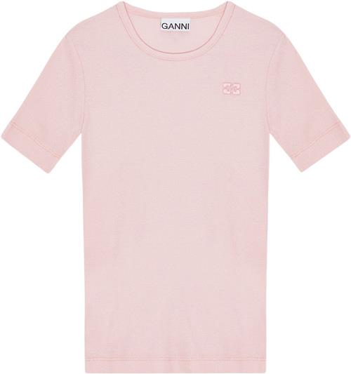 Ganni Soft Cotton Rib Short Sleeve Tshir Kvinde Chalk Pink Kortærmede T-shirts Str XL - hos Magasin