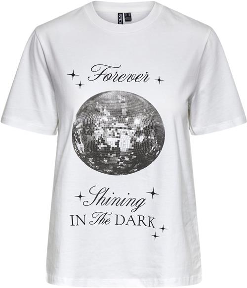 Pieces Pcronda SS Printed Tshirt Kvinde Bright White/forever Shining In The Kortærmede T-shirts Regular Fit Str L - Bomuld hos Magasin