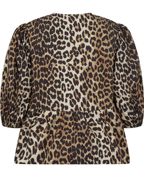 Ganni Printed Cotton Poplin Peplum Blouse Kvinde Leopard Langærmede Bluser Str 44 - hos Magasin