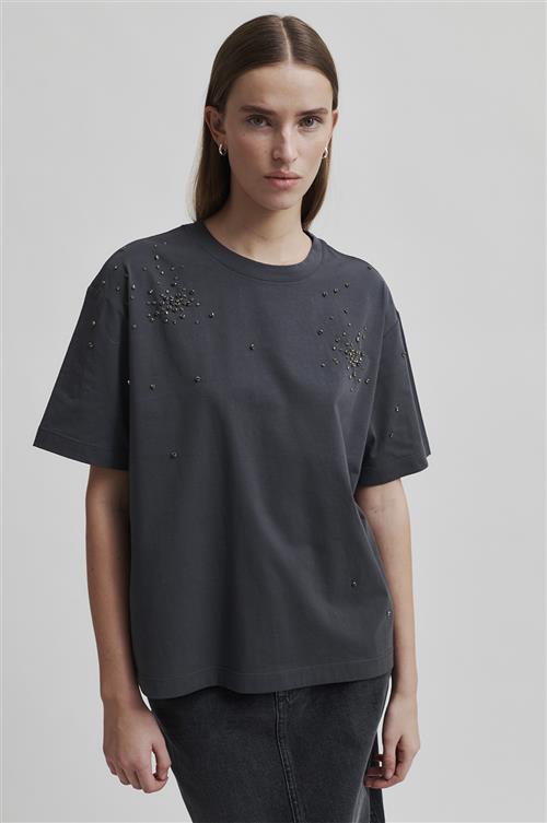 Second Female Glitta Sparkling Tee Kvinde Volcanic Ash Kortærmede T-shirts Str L - Bomuld hos Magasin