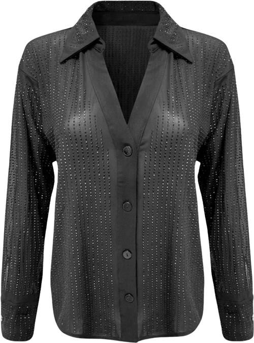 OW Collection Opal Rhinestone Shirt Kvinde Black Caviar Langærmede Skjorter Str S - Nylon hos Magasin