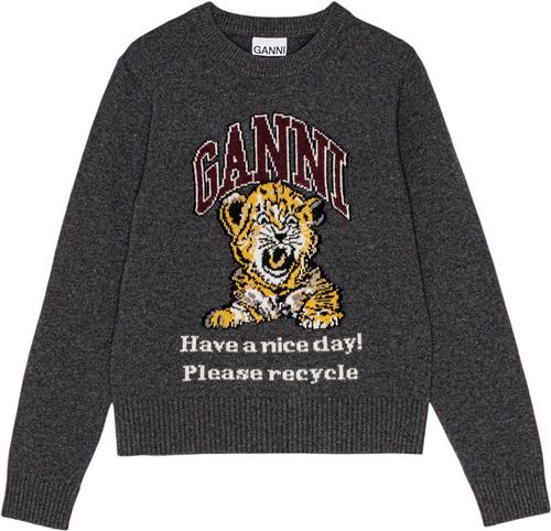 Ganni Graphic Wool Mix Tiger Crewneck Kvinde Gray Quill Sweaters Str L - hos Magasin