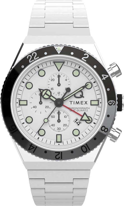 Timex Mens Q Chrono 3 Time Zone 40mm SST Case White Dial Bracelet One size - Ure Stål hos Magasin