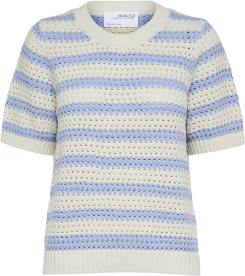 Selected Femme Slfalby SS Knit Oneck Kvinde Birch/blue Heron Kortærmet Strik Str L - hos Magasin