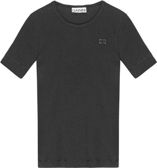 Se Ganni Soft Cotton Rib Short Sleeve Tshir Kvinde Black Kortærmede T-shirts Str L - hos Magasin ved Magasin