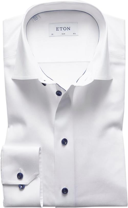 ETON White Twill Shirt Dark Blue Details Slim Fit Mand Hvid Langærmede Skjorter Str 41 - Uld hos Magasin