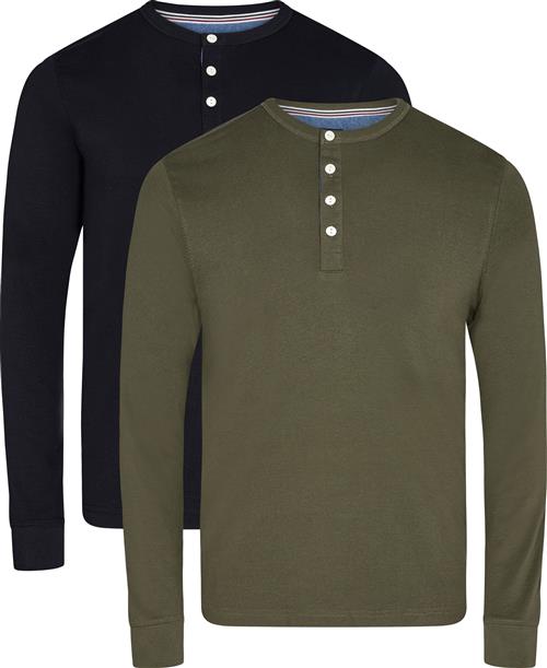 Lindbergh Solid Granddad L/S Mand Black Dk Army Langærmede T-shirts Slim Fit Str S - Bomuld hos Magasin