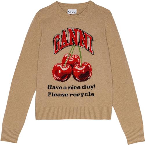 Ganni Graphic Wool Mix Cherry Crewneck Kvinde Safari Sweaters Str XS - hos Magasin