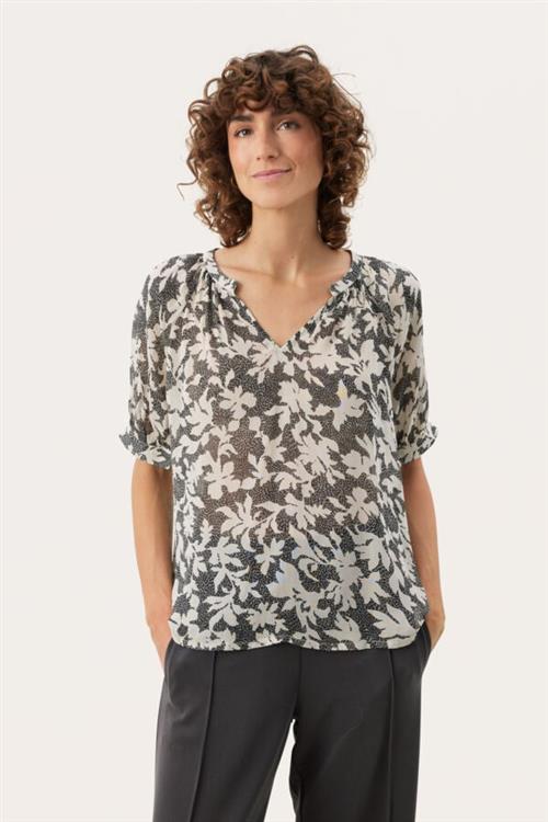 Part Two Popsypw BL Kvinde Black Stitch Leaf Print Kortærmede Bluser Relaxed Fit Str 44 - hos Magasin