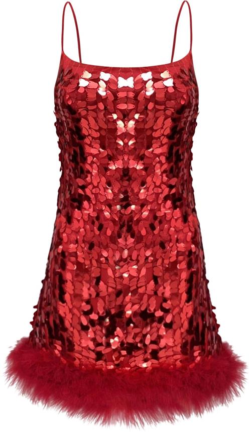 OW Collection Luna Sequin Feather Dress Kvinde Bordeaux Korte Kjoler Str S - Polyester hos Magasin