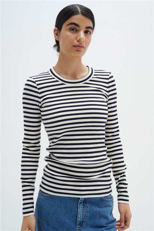 InWear Dagnaiw Striped Tshirt LS Kvinde Whisper White / Marine Blue Langærmede T-shirts Slim Fit Str XS - hos Magasin