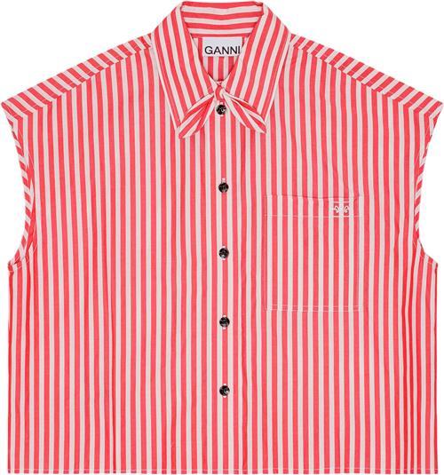 Se Ganni Stripe Cotton Tie Collar Shirt Kvinde Barbados Cherry Kortærmede Skjorter Str 38 - hos Magasin ved Magasin