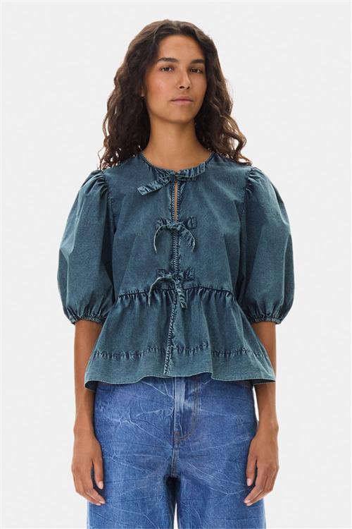 Ganni Cotton Poplin Peplum Blouse Kvinde Sky Captain Langærmede Bluser Str 34 - hos Magasin