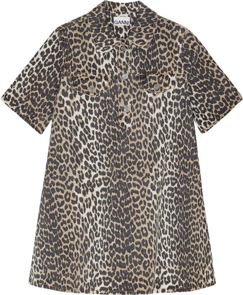 Ganni Print Denim Mini Dress Kvinde Leopard Korte Kjoler Str 34 Denim - hos Magasin