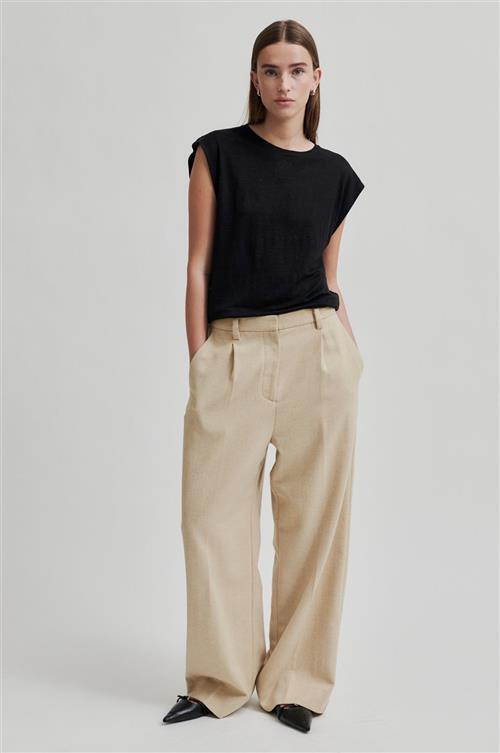 Second Female Navada Wool Classic Trousers Kvinde Beige Melange Bukser Med Brede Ben Str L - hos Magasin