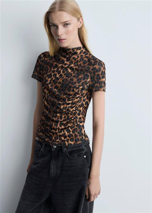 MANGO Leopard Tshirt With Ruffled Detail Kvinde Brown Kortærmede T-shirts Str L - hos Magasin