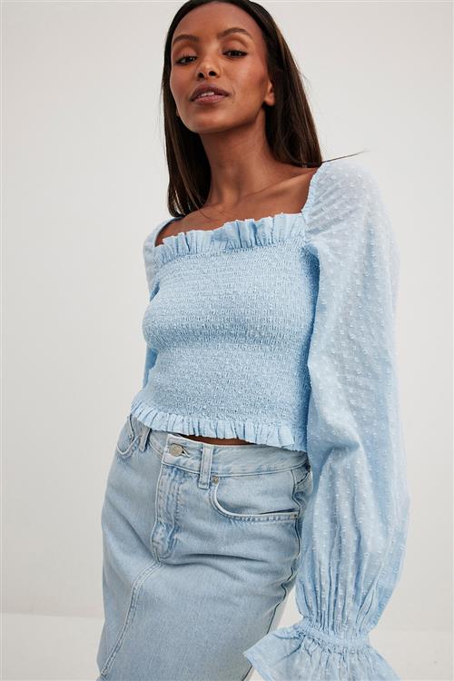 NA-KD Puff Sleeve Dobby Blouse Kvinde Dusty Blue Langærmede Bluser Str EU 36 - hos Magasin