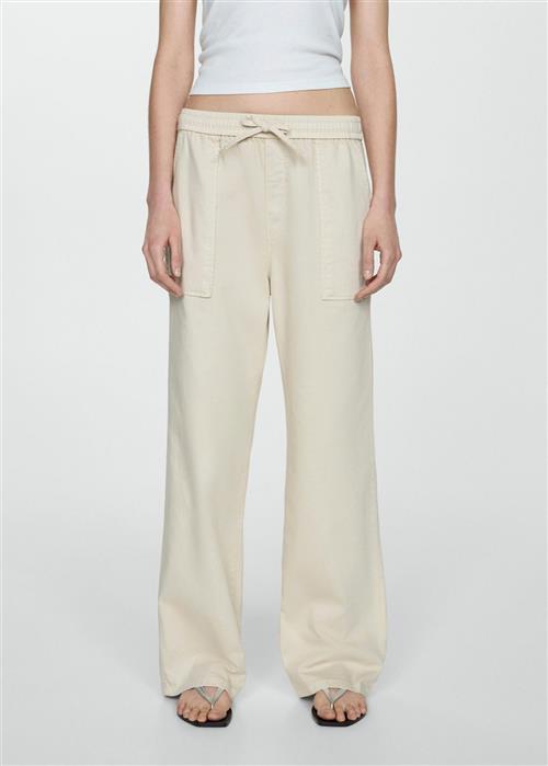 MANGO Elastic Waist Cotton Trousers Kvinde Natural White Bukser Med Lige Ben Str L - hos Magasin