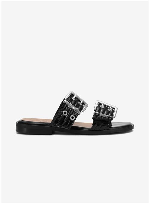 Ganni Feminine Buckle Two Strap Sandal Naplack Black