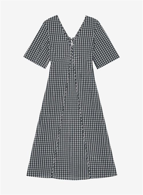 Ganni Seersucker Check V-neck Long Dress Egret