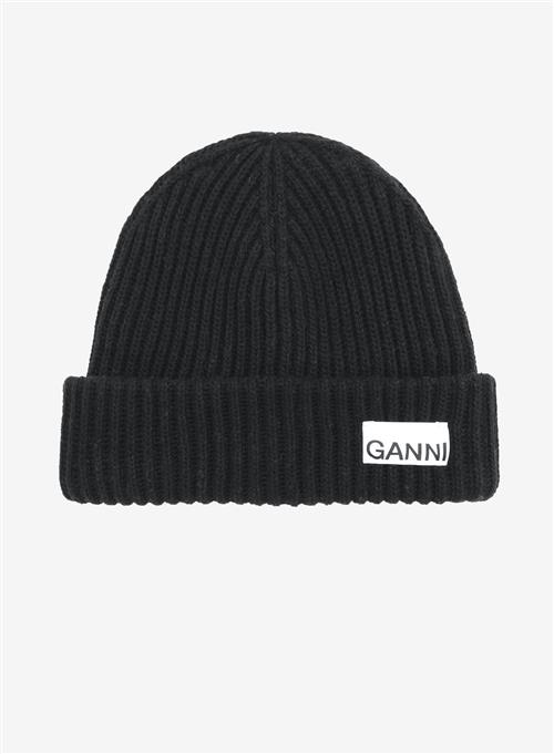 Se Ganni Structured Rib Beanie Black ved Number Nine