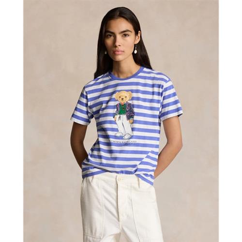 Se Polo Ralph Lauren Striped Cotton Jersey Crewneck Tee Kvinde Blå/hvid Kortærmede T-shirts Str L - Bomuld hos Magasin ved Magasin