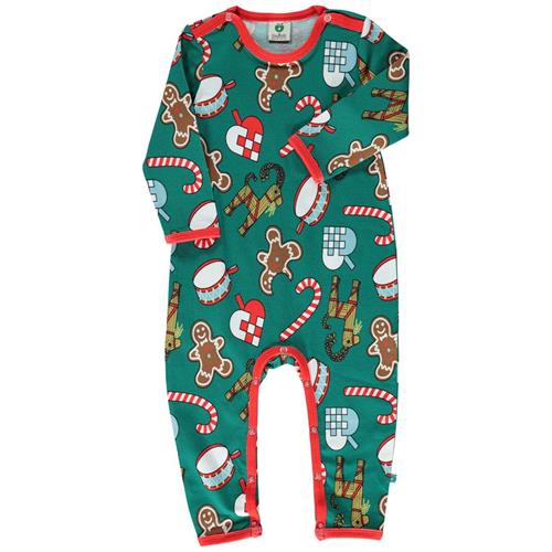 Se Småfolk Onesie i Petroleum Green med juledekorationer | Grønn | 86 cm ved Babyshop