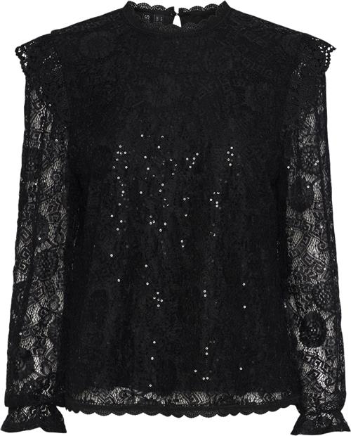 Pieces Pcolline LS Lace Sequins TOP Noos Kvinde Sort Toppe Regular Fit Str S - hos Magasin