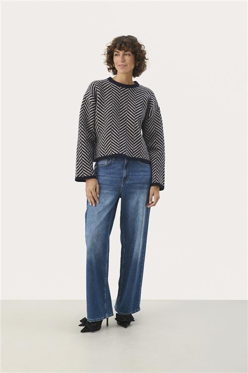 Se Part Two Leslypw PU Kvinde Navy Jacquard Sweaters Str L - hos Magasin ved Magasin