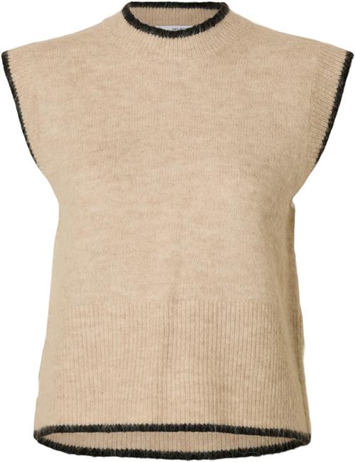 Se Selected Femme Slfalva Oneck Knit Vest D2 Kvinde Birch/detail Black Strikveste Str XS - hos Magasin ved Magasin