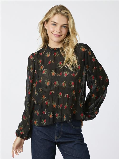 Se Neo Noir Lovise Plissé Flower Blouse Kvinde Black Langærmede Bluser Str 44 - hos Magasin ved Magasin