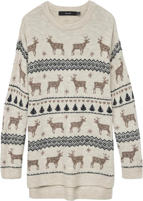 Se Vero Moda Vmdeers LS Oneck H/L Long Pull. XM Kvinde Birch/w. Brown Lentil+Black Sweaters Str L - hos Magasin ved Magasin