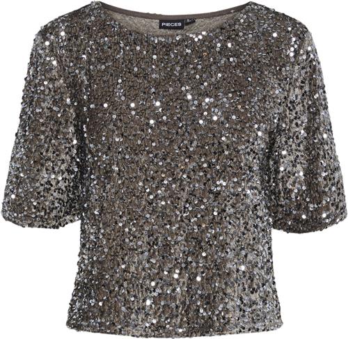 Se Pieces Pckam SS TOP BC Kvinde Morel/silver Sequins Toppe Regular Fit Str L - hos Magasin ved Magasin