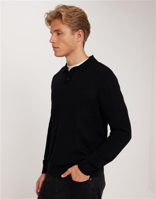 Selected Homme Slhtray Ls Knit Merino Polo Noos Striktrøjer Sort