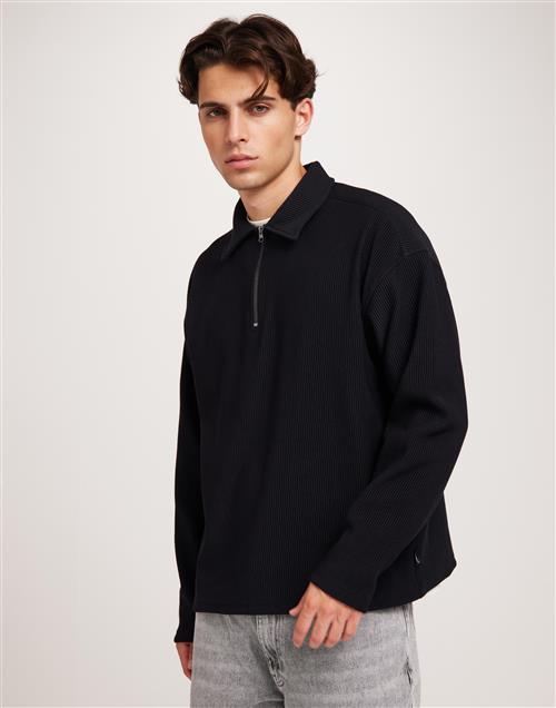 Jack & Jones Jorrick Plisse Sweat Zip Split Polo Trøjer med lynlås Sort