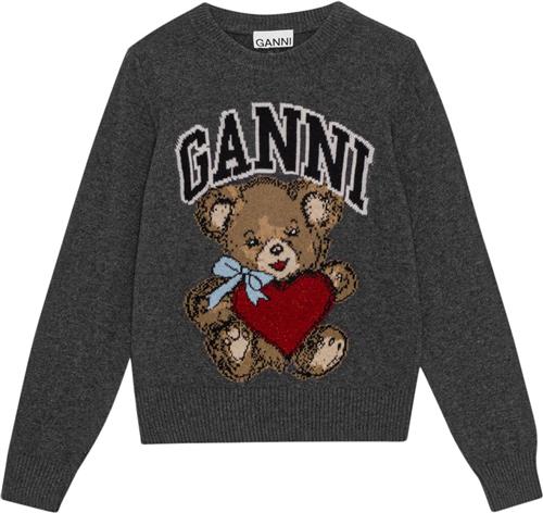 Ganni Graphic Wool Mix Bear Crewneck Kvinde Gray Quill Sweaters Str XS - hos Magasin